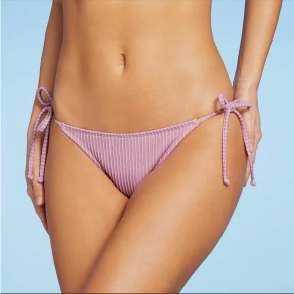 Xhilaration Swim Juniors Xhilaration Pink Metallic Ribbed Cheeky String Bikini Bottom Side